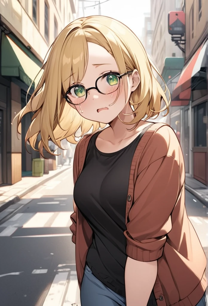 chubby girl, blonde, medium length hair, open forehead, no bangs, green eyes, black square-rimmed glasses, tears, casual clothes, street, city street