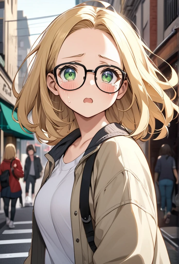 chubby girl, blonde, medium length hair, open forehead, no bangs, green eyes, black square-rimmed glasses, tears, casual clothes, street, city street