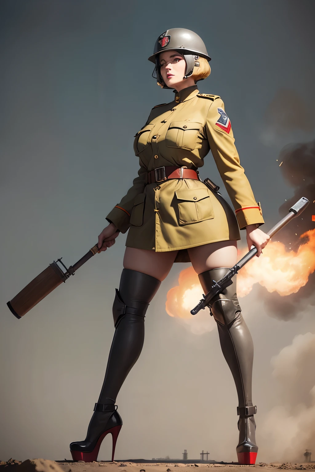 Gray background scenery, Giant woman wearing a WWII German helmet, yellow lipstick, wearing a short red WWI military uniform and high platform heels, holding a club