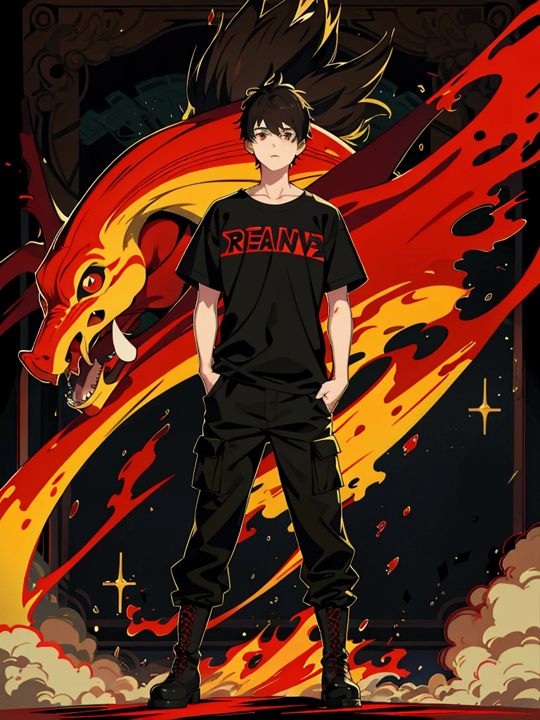 16 year old boy, Average height, athlete, black hair, one red eye and one brown eye, Caucasian skin, wear black cargo pants, combat boots, a normal black t-shirt