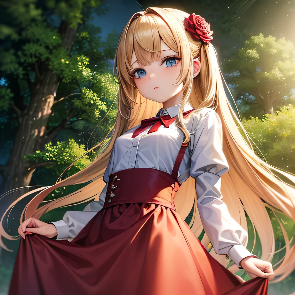 masterpiece, Highest quality, 8k wallpaper, Very detailed, A girl , Golden Hair, Long Hair, fine grain、Red Skirt、Deformed、 White dress shirt,Red flower hair ornament,dark、Light blue eyes、Expressionless、A shot looking up from below、Lift up the skirt、In the rainy forest、(it's raining)