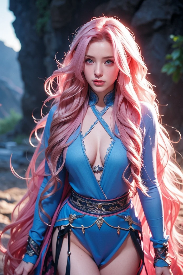 Woman, long wavy hair, pink hair, blue eyes, elf, torn clothes, walking, adult, big thighs, sexy, warrior, Wolf behind