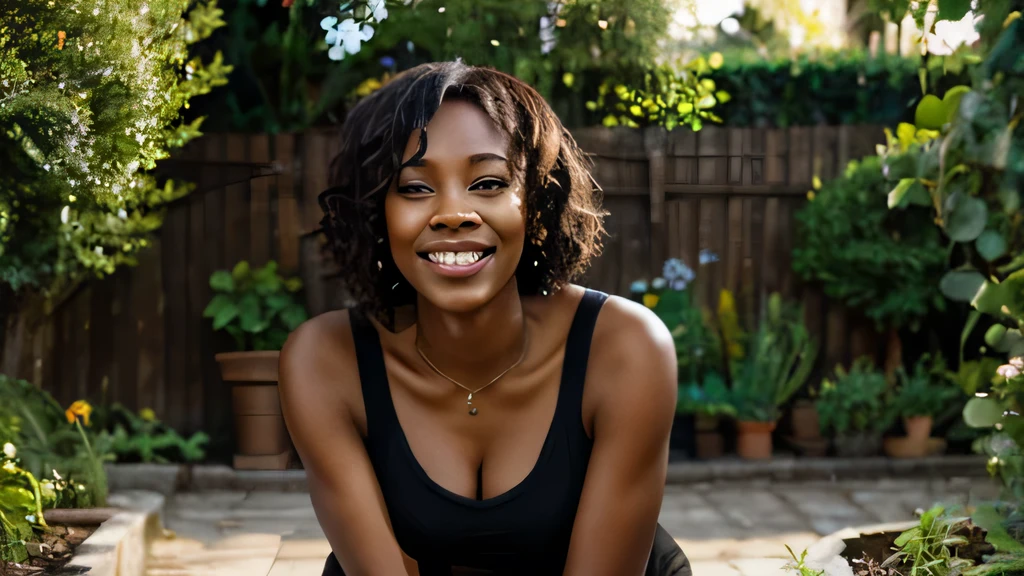 Happy black woman. Garden