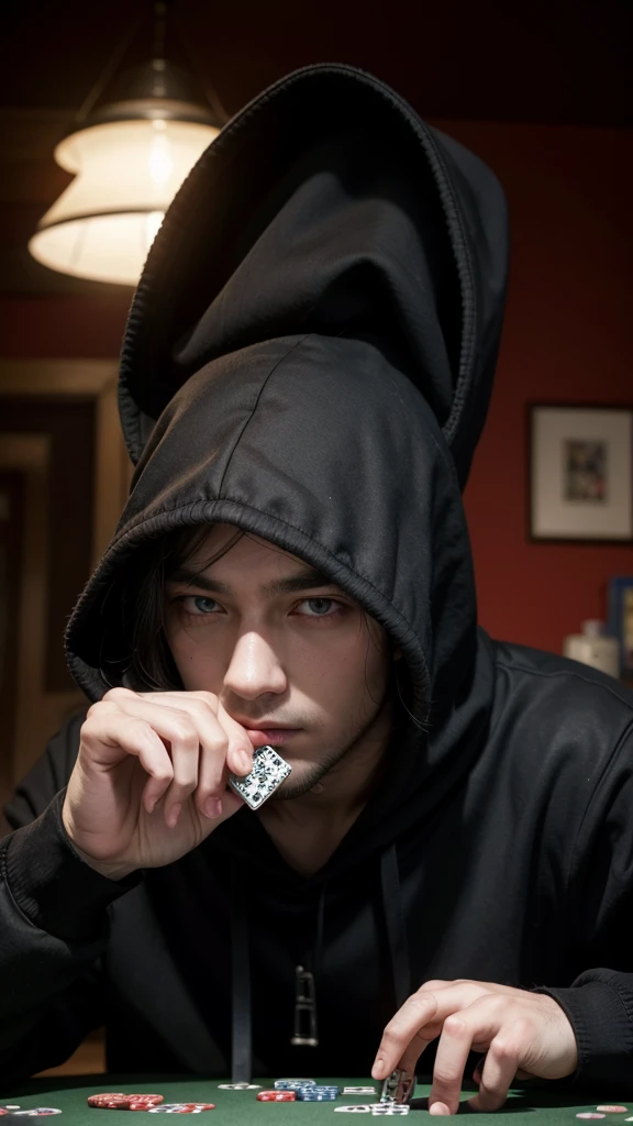 Man playing poker, black hood red eyes, can't see the face. black male