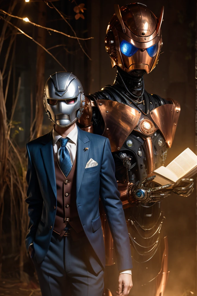 
Anime style, Puppet, Metallic man, Robot, Fantasy, Lights, outdated, old style, Formal Clothes, suit and tie, copper colors, silver bronze and blue, Nature, swamp, scriptures.