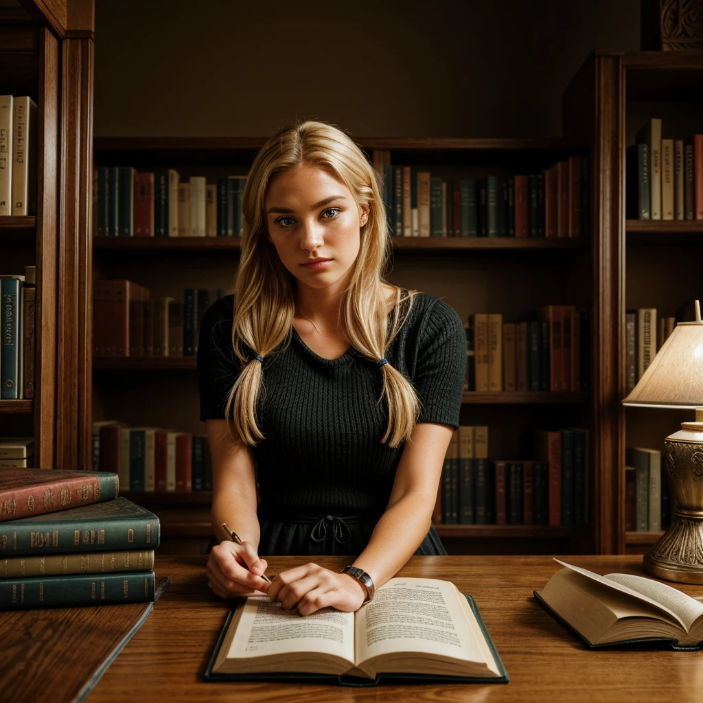 A blonde woman in her 30s with blue eyes is sitting in a quiet, modern library. She has her long hair tied back in a ponytail or chignon. She is dressed in classic, everyday clothing in black, such as a comfortable blouse and jeans or a casual dress. She is seated behind a table with several books spread out in front of her, as if she is studying or reading. The background shows bookshelves filled with books, creating a scholarly and serene atmosphere. She is alone in the image.
The image should capture a peaceful, intellectual moment with an ultra-realistic and high-quality look. Everything in the image, including the woman, her black outfit, and the library setting, should be as detailed and realistic as possible. The facial details, hair, and clothing textures should be extremely lifelike, with intricate textures. The details of the books, the table, and the bookshelves should be enhanced to an ultra-realistic level. Additionally, add a subtle film grain effect to the image to give it a cinematic quality. The image should have the crystal clear quality of a Fujifilm XT3 photograph, with the beautiful figure framed at the center. The woman's body should have slightly more generous curves, enhancing her natural figure in a tasteful and realistic manner. Everything should be the highest possible quality with the most realistic details.