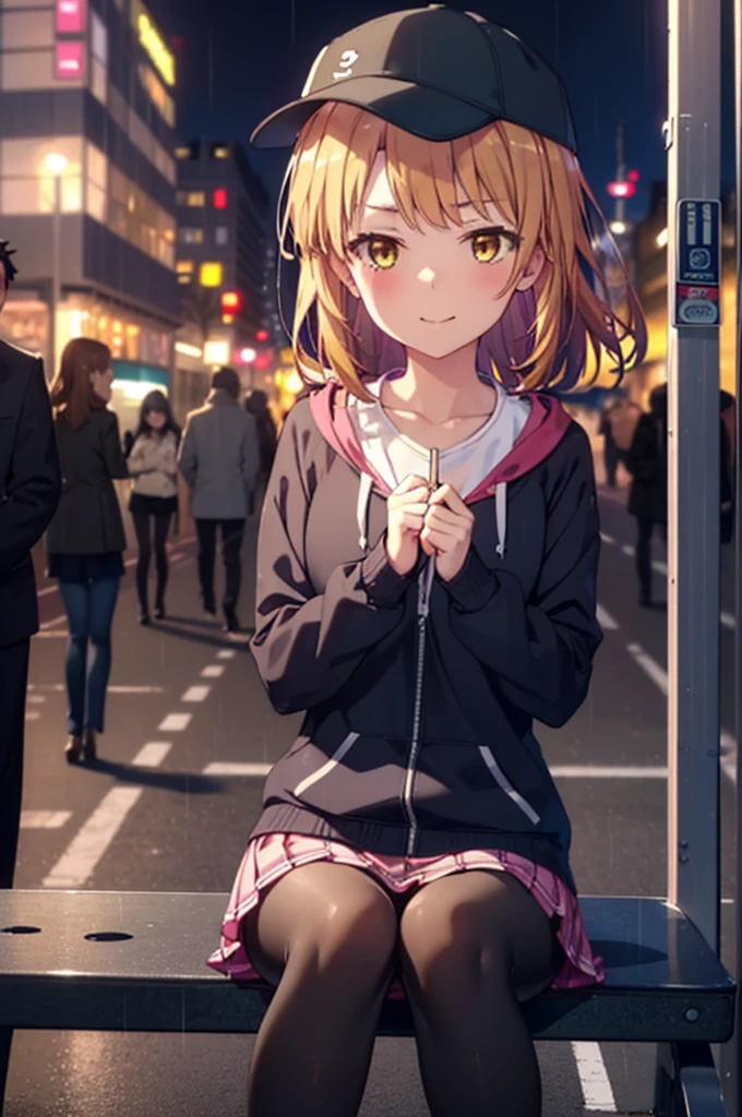 Irohaisshiki, isshiki iroha, Long Hair, Brown Hair, (Brown eyes:1.5), happy smile, smile, Close your mouth,blush,rain,night,Baseball hats,Pink oversized hoodie,V-neck shirt,mini skirt,Black pantyhose,short boots,Sitting on a bus stop bench、,Hidden in a covered building bus stop,whole bodyがイラストに入るように,
break outdoors, バス停
break looking at viewer,whole body,
break (masterpiece:1.2), Highest quality, High resolution, unity 8k wallpaper, (figure:0.8), (Beautiful attention to detail:1.6), Highly detailed face, Perfect lighting, Highly detailed CG, (Perfect hands, Perfect Anatomy),