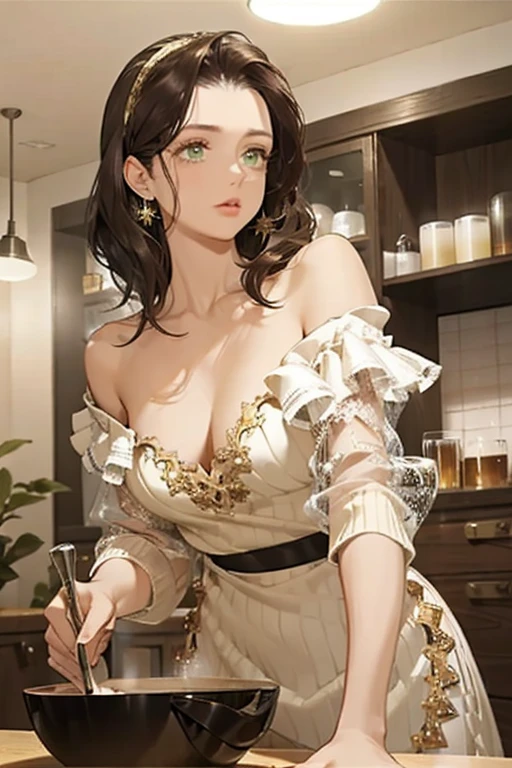 (from below:1.2), (perky chest:1.2), (pointed chest:1.2), 1girl, Bust A Cup, Amazing Cleavage:1.1, thin waist, big ass, Raised cute, small breast: 1.1 posed cleavage:1.2、solo, looking at viewer, have a cute glass of cute beer glass,black hair, dark green eyes, dress, bare shoulders, jewelry, collarbone, side locks, hairband, earrings, indoors, off shoulder, arms behind back, plants, short hair with long locks, gild hairband, off-shoulder dress, sweater dress, off-shoulder sweater, red sweater, dark gold hair, big side hair, very long side hair,is rendered in (masterpiece: 1.2, best quality), with (ultra high resolution) and an exquisite (depth of field). This masterpiece is not only visually stunning but also tells,A scene of cooking in the kitchen 