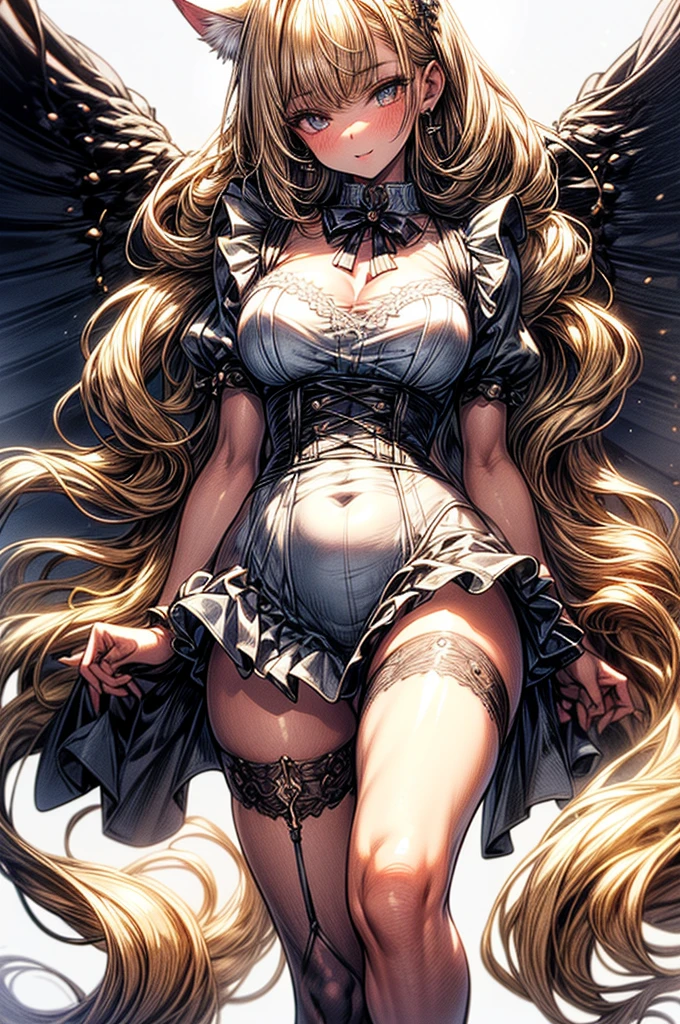 ((highest quality)),(ultra high resolution),(Super detailed),(detailed description),((best CG)),(best work of art),super precision art, great drawing art,(Art with precise details:1.5), (1 woman:1.5), beautiful and well-shaped face:1.5,(Beautiful skin with precise and detailed depiction:1.6),(Very precisely depicted French Maid outfit),provocative angle:1.6,gorgeous, masterpiece, best quality, high-resolution, finely detailed, extremely detailed and beautiful, distinct-image, 1 girl, solo, White French Maid Uniform, beautiful young teenage girl, 13 years old, pearly white skin, Blonde braided ponytail hair, adorable and cute facial features, golden-brown colored eyes, Black sheer stockings plump thick lips, tiny breasts, slender and slim toned body type, tall height(180cm), small narrow waist, wide curvy hips, plump large round ass, full body picture, cat-ears, cat tail