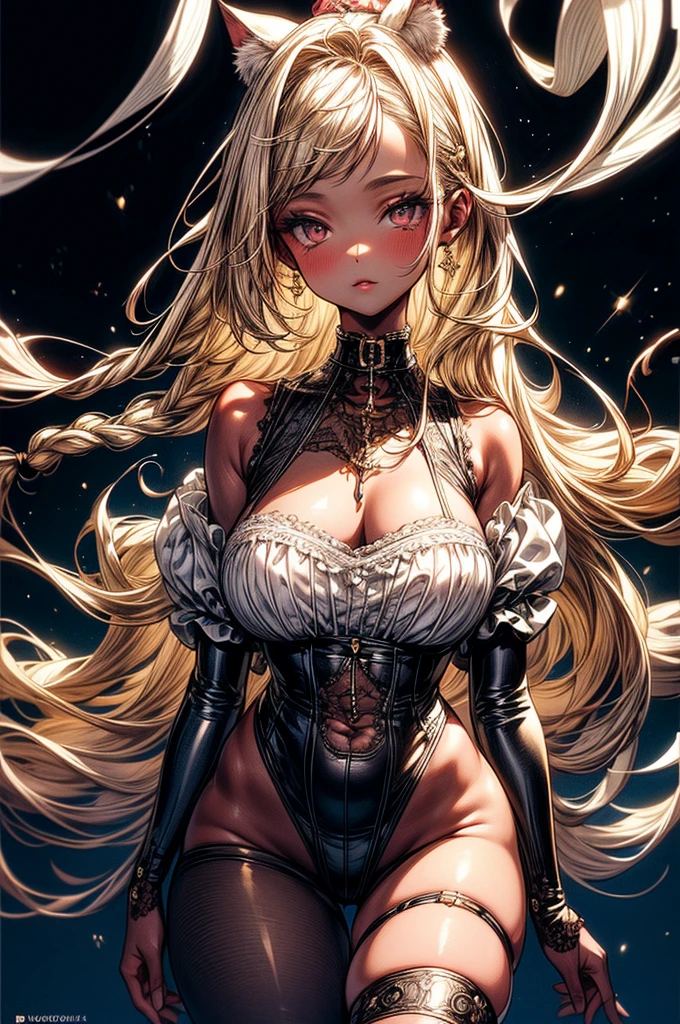 ((highest quality)),(ultra high resolution),(Super detailed),(detailed description),((best CG)),(best work of art),super precision art, great drawing art,(Art with precise details:1.5), (1 woman:1.5), beautiful and well-shaped face:1.5,(Beautiful skin with precise and detailed depiction:1.6),(Very precisely depicted French Maid outfit),provocative angle:1.6,gorgeous, masterpiece, best quality, high-resolution, finely detailed, extremely detailed and beautiful, distinct-image, 1 girl, solo, White French Maid Uniform, beautiful young teenage girl, , pearly white skin, Blonde braided ponytail hair, adorable and cute facial features, golden-brown colored eyes, Black sheer stockings plump thick lips, tiny breasts, slender and slim toned body type, tall height(180cm), small narrow waist, wide curvy hips, plump large round ass, full body picture, cat-ears, cat tail