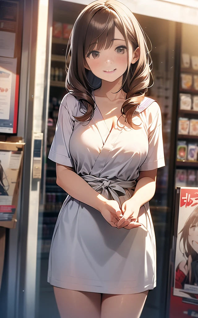 nsfw

(No sideburns),
(brown bob short bangs hair), (bob medium length hair), 
(put your hair up:0.2),(Gorgeous, voluminous cabaret club girl hairstyle),
(brown 　Princess bangs), (brown hair), (bob medium length hair), (middle_length waved hair), (vertical roll medium length hair), (bangs hair),  

Masterpiece, high quality, extremely detailed, cute with glowing white skin, eyelashes and cute blonde eyes, アニメ, gorgeous background-centered composition,
(Best quality, 32k, photos of cute Japanese women),
(Realistic skin texture),
(Raw photo: 0.8),


(The background is inside the store　Adult Shop　book store　DVD Shop　Poster of a nude model on the wall), 
(A pale light shines through), 
cool-lighting,

1girl,
detailed face and breast,
17 years old,
tall,

(Schoolgirl short sleeve shirt is transparent and you can see her bra　　uniform),
(uniformの上からエプロンを着て),



(An innocent smile:1.0),
(looking away:1.2),

(Open your eyes slightly:1.0),
(Droopy eyes:1.1),

(closed mouth:1.0),


(Ultra Dynamic Angle:1.2),
