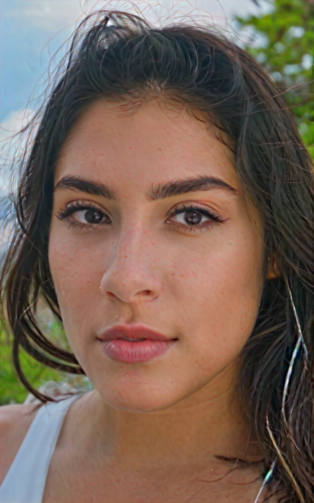 (A photograph of a young Latina woman with dark hair and a fair complexion, gazing directly into the camera), she has (well-defined eyebrows, long lashes, and full lips), Her hair is wet, suggesting she has just come out of water, with strands framing her face, the background features lush green foliage and a clear blue sky, indicating an outdoor setting, possibly near a pool or beach, The lighting is natural and bright, casting soft shadows on her face, (the overall mood is serene and confident), Close-up shot, shallow depth of field, natural light, tropical setting.