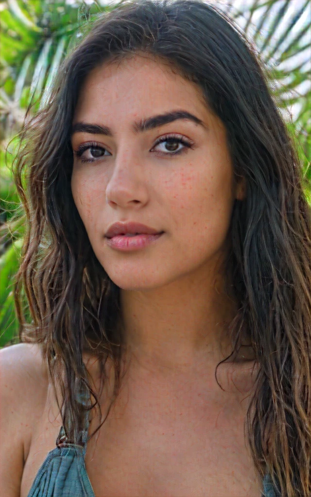(A photograph of a young Latina woman with dark hair and a fair complexion, gazing directly into the camera), she has (well-defined eyebrows, long lashes, and full lips), Her hair is wet, suggesting she has just come out of water, with strands framing her face, the background features lush green foliage and a clear blue sky, indicating an outdoor setting, possibly near a pool or beach, The lighting is natural and bright, casting soft shadows on her face, (the overall mood is serene and confident), Close-up shot, shallow depth of field, natural light, tropical setting.