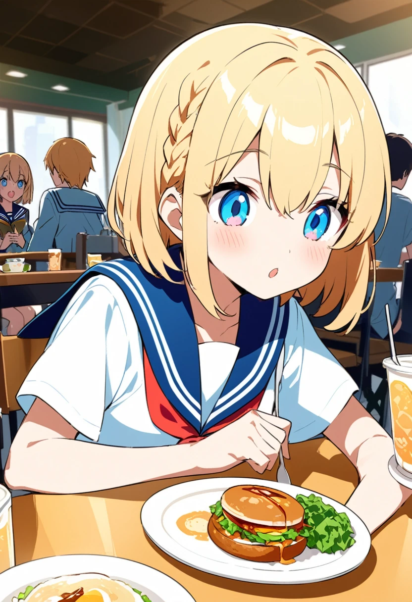 You are a professional illustrator。Please carefully check and draw the illustration according to the following conditions.。High school students enjoying their lunch in a crowded cafeteria、Delicate and beautiful anime face、Clear Eyes、Sailor suit、Braided short hair、