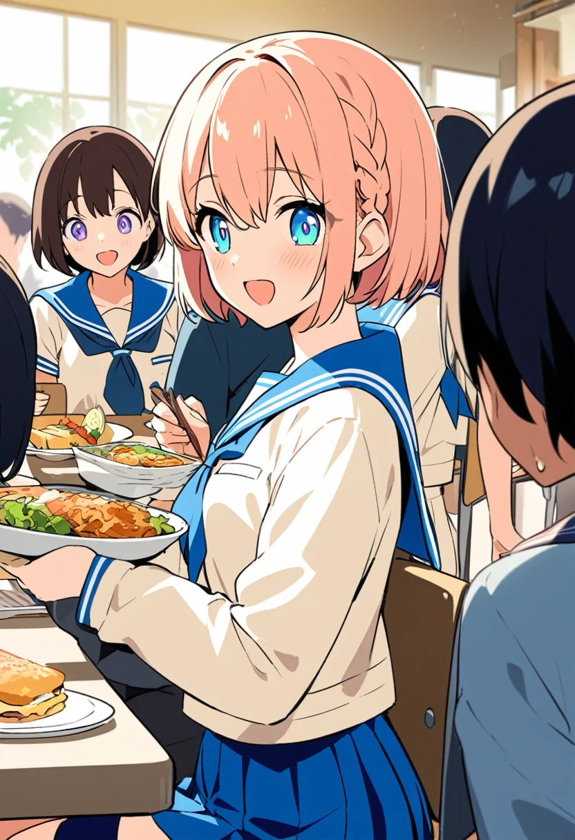 You are a professional illustrator。Please carefully check and draw the illustration according to the following conditions.。High school students enjoying their lunch in a crowded cafeteria、Delicate and beautiful anime face、Clear Eyes、Sailor suit、Braided short hair、