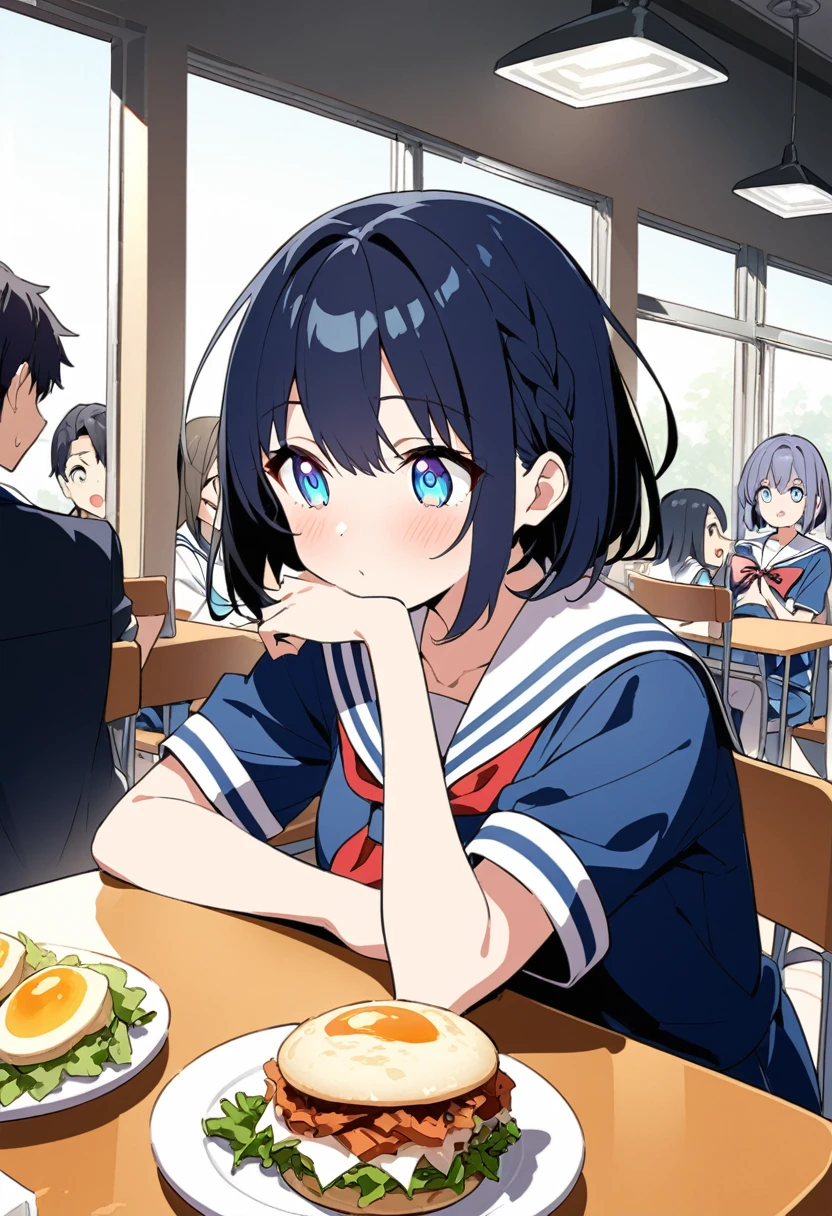 You are a professional illustrator。Please carefully check and draw the illustration according to the following conditions.。High school students enjoying their lunch in a crowded cafeteria、Delicate and beautiful anime face、Clear Eyes、Sailor suit、Braided short hair、
