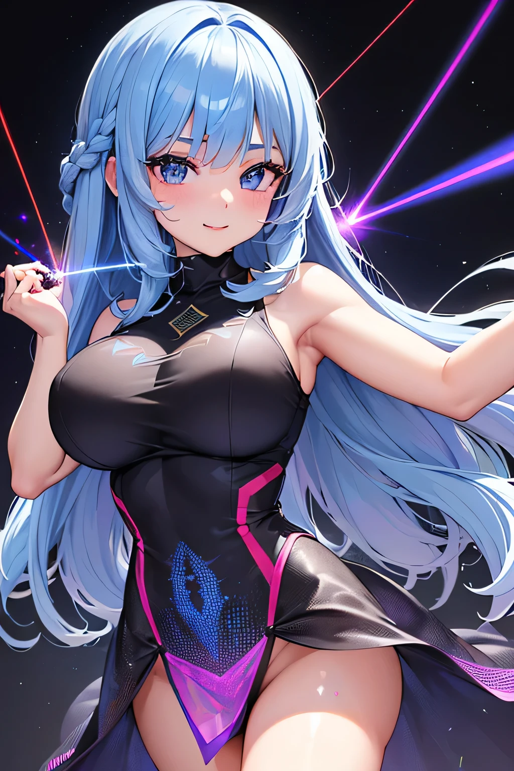 Highest quality、High resolution、Detailed Background、(Beautiful face in every detail:1.4)、Anatomically correct、(Detailed facial expressions)、(Detailed eyes:1.2)、Beautiful women in their 20s、(Highly detailed face:1.4)、(Huge breasts:1.2)、Cute hair colour、Braided long hair、Wavy Hairstyle、well-groomed eyebrows、Cute Eye Makeup、Cute Lip Makeup、Perfect body line、party、Excited、Uplifting、A big smile、smile、
(Beautiful woman dancing in a holographic laser dress under the lights:1.5)、Dance to the rhythm with relaxed steps to impress.、Eyes that everyone admires、Bodycon Dress、Color is black or red、Navy etc.、It&#39;s also a good idea to incorporate glamorous details such as lace and metallics.、Add subtle accents with necklaces, earrings, rings, etc.、very beautiful