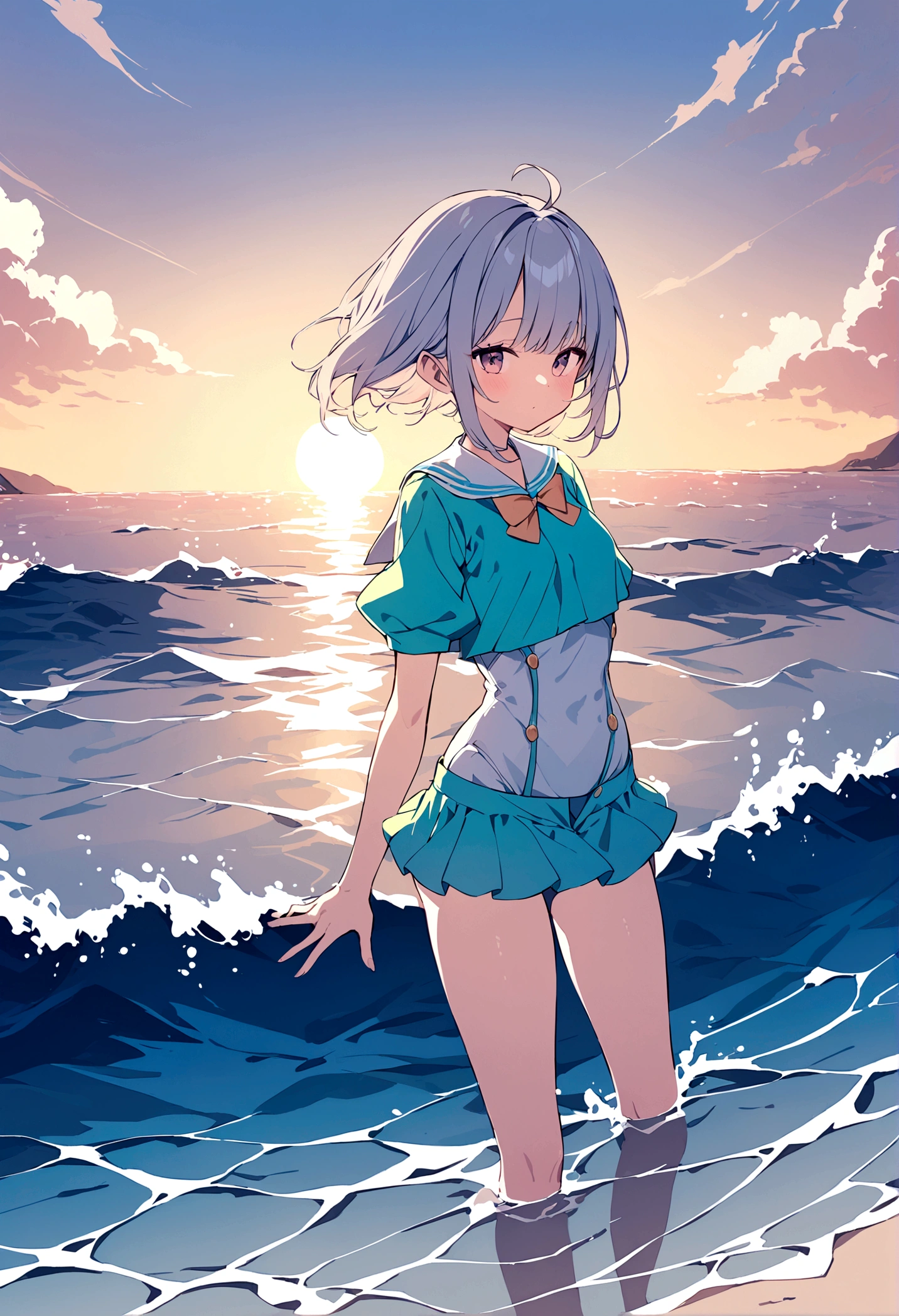 Girl in extremely short clothes at sea