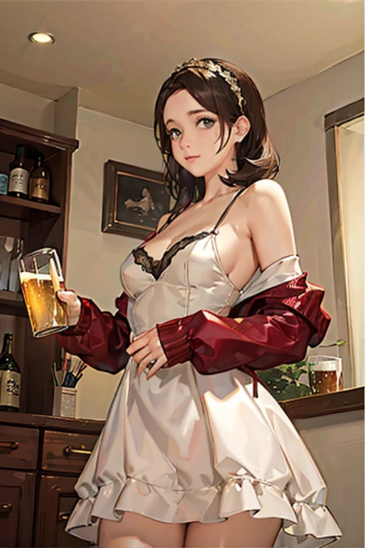 (from below:1.2), (perky chest:1.2), (pointed chest:1.2), 1girl, Bust A Cup, Amazing Cleavage:1.1, thin waist, big ass, Raised cute, small breast: 1.1 posed cleavage:1.2、solo, looking at viewer, have a cute glass of cute beer glass,black hair, dark green eyes, dress, bare shoulders, jewelry, collarbone, side locks, hairband, earrings, indoors, off shoulder, arms behind back, plants, short hair with long locks, gild hairband, off-shoulder dress, sweater dress, off-shoulder sweater, red sweater, dark gold hair, big side hair, very long side hair,is rendered in (masterpiece: 1.2, best quality), with (ultra high resolution) and an exquisite (depth of field). This masterpiece is not only visually stunning but also tells,A scene of cooking in the kitchen