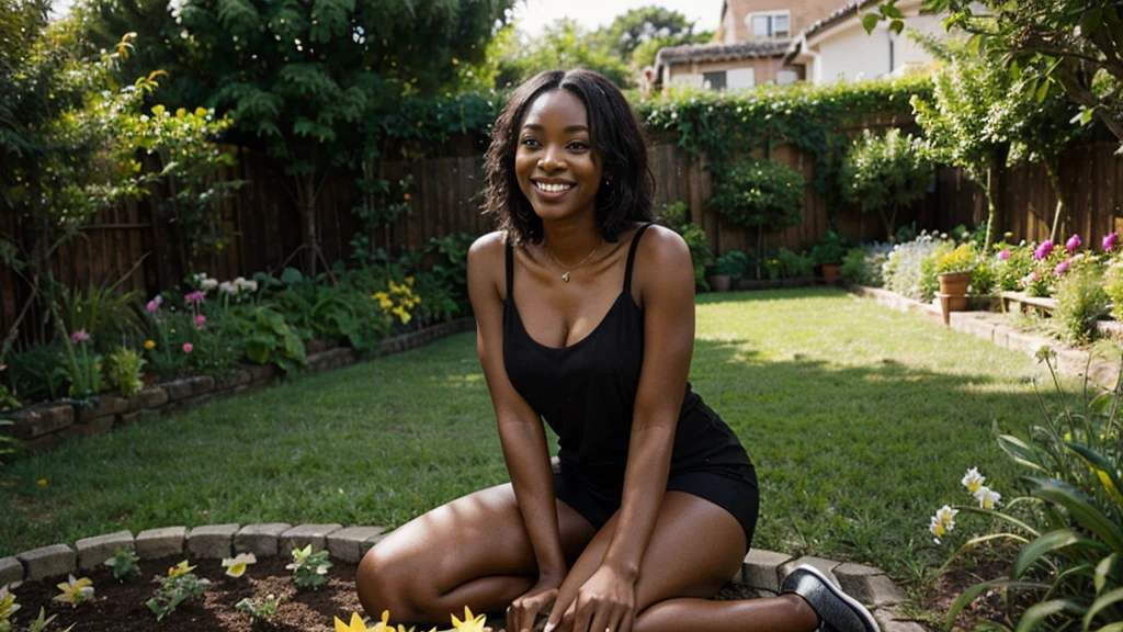 Happy black woman. Garden