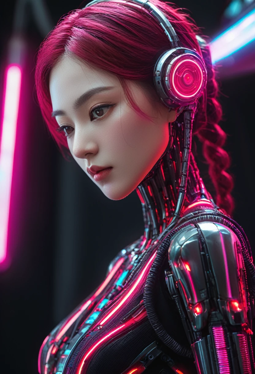 xxmixgirl. Highly detailed professional 35mm film, bokeh, face in sharp focus. A robotic female, Miku, with ((metal skin)), ((perfect Asian eyes)) with magenta irises and ((black pupils)), beautiful serious (detailed face), 18 year old ((photorealistic face)), very long magenta twin tails of magenta hair, twin black hair ties with a single red stripe. She may have a black audio headpiece. We can see her ((full body)) down to her boot soles. Her outfit is a sleeveless collared light grey shirt, outlined in red around the frilled collar and hems. Shiny reflective ((metallic breast cups, dimpleless)), invisible nipples. She wears black sleeves with red hems that start around her upper arm and bellow out as the sleeves open and extend to her wrists, with wide trumpet red rimmed cuffs. She has perfect robotic (detailed hands). She wears a red colored tie with two horizontal solid parallel black lines halfway across. She wears a fabric black skirt with a horizontal red hem at the bottom all the way around; her (((black skirt wraps around her))) and ((her skirt completely covers)) her robotic waist and thighs. Tall black boots with red bottom soles, a red rim around the top at her thighs. Her mechanical shoulder joints are visible. We can see her robotic legs and robotic neck. Half of her is covered with shiny polished machinery. The background is a distant dark neon futuristic Japanese city, gold, cyan, violet neon, near harbor or mountains.