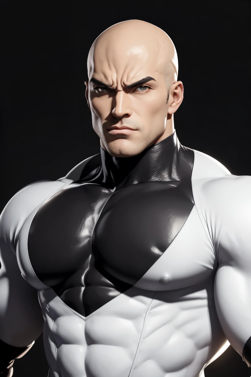 Create a character in the Jojo Bizarre Adventure style with the following characteristics:
kor:72 years old Height: 2 metros
Peso:120 kilos of muscle: male hair: bald eyes: black skin: white clothes: By the company