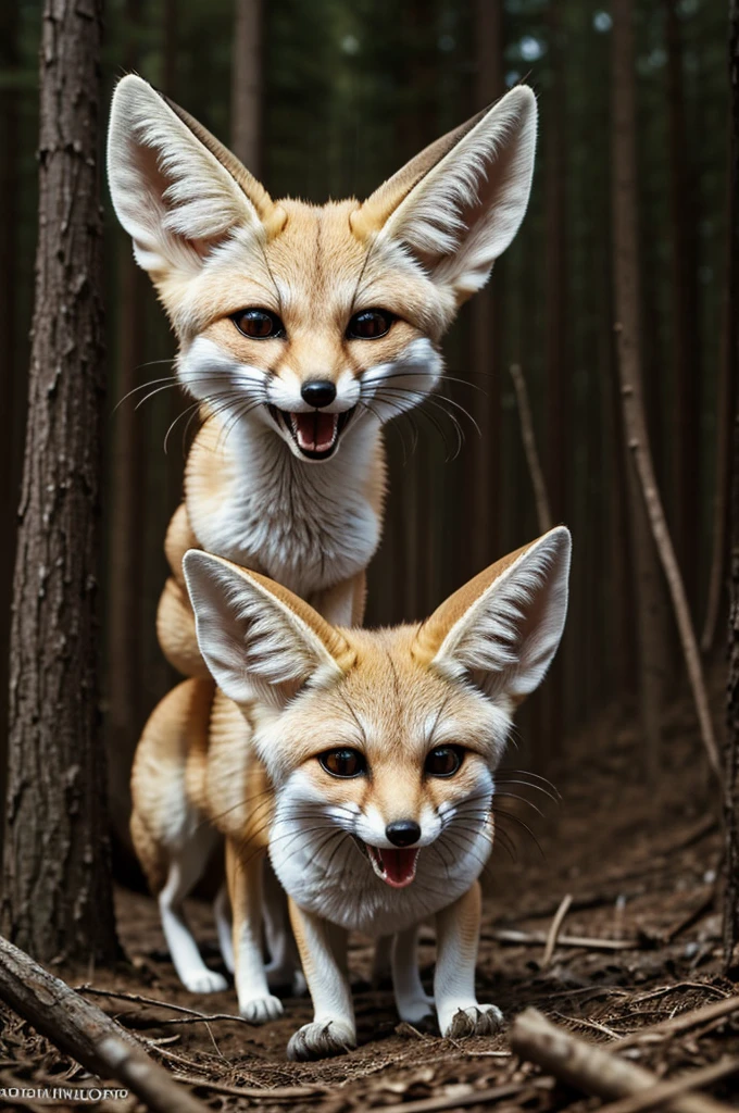 Fennec foxes with mouth open as if terrified in a gloomy and spooky forest background
