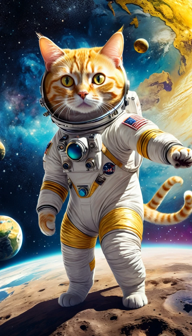 A yellow cat astronaut in a spacesuit is floating through starry space. The Earth is visible in the distance. The cat is looking mesmerized at the beautiful cosmic landscape.