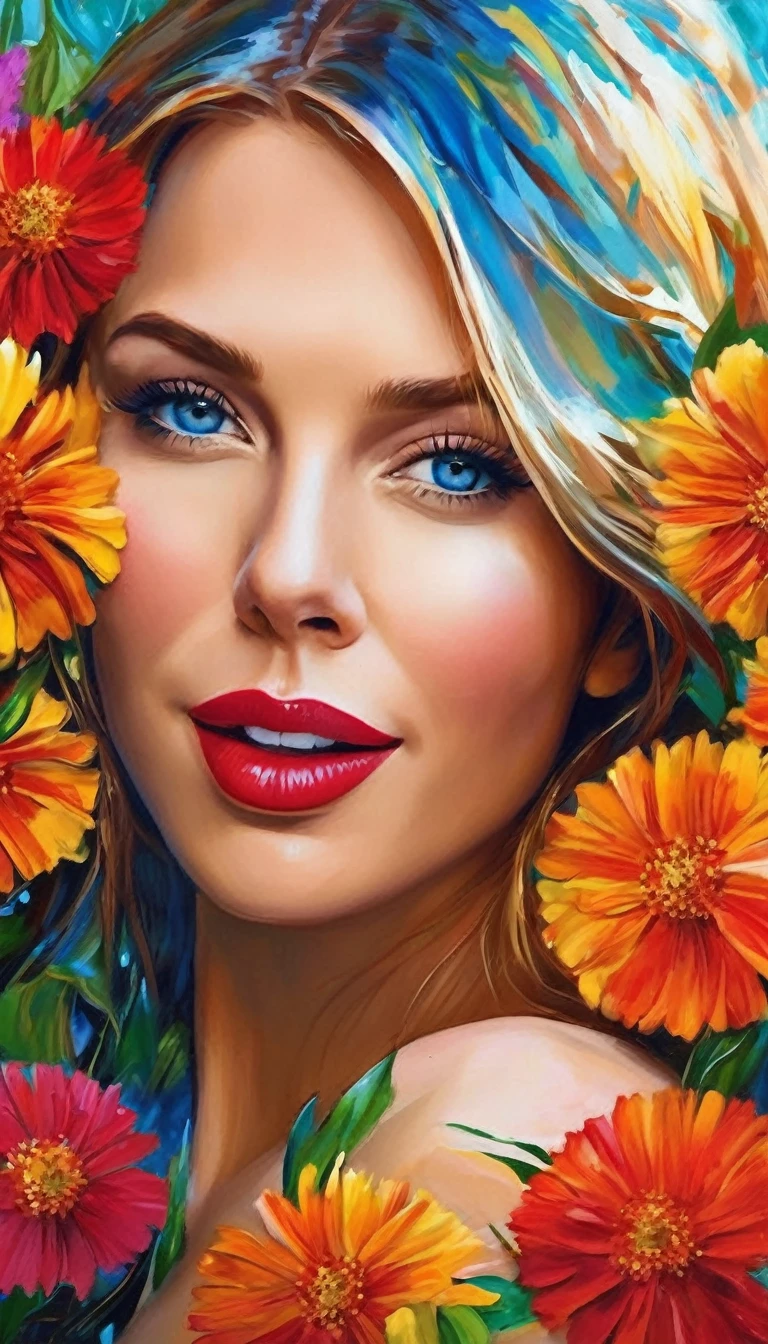 Scarlett Johannsson is a naked woman standing in an open garden with beautiful colorful flowers. She has big beautiful bright blue eyes, light red lipstick, sexy smile, enormous breasts, medium length wavy random color hair. She has amazing skin tone and texture. She has an athletic body with ourglass figure, supermodel. She is in a random sexy pose for the camera. (Distant front view:1.8), covered in thick slimy cum. Hyper realistic photo, 16k, vibrant colors.