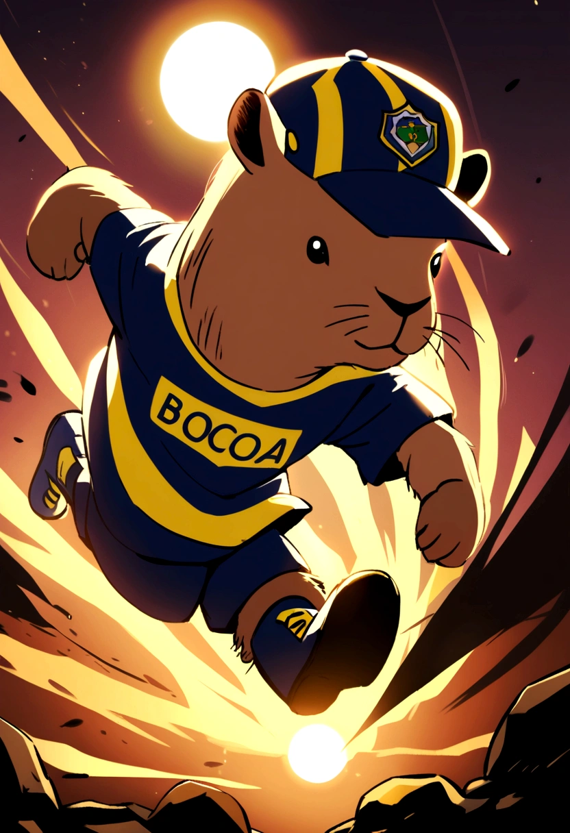 A cute capybara with hat dressed as boca juniors and fighting with goku, has a soccer ball