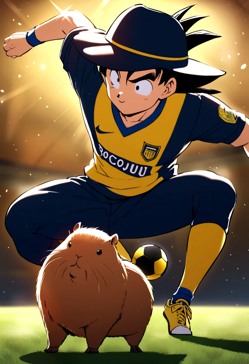 A cute capybara with hat dressed as boca juniors and fighting with goku, has a soccer ball
