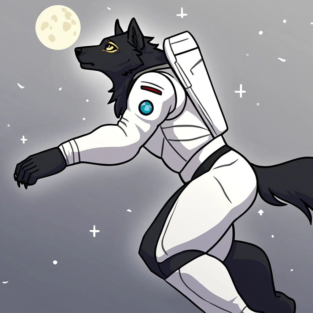 canid, canine, canis, mammal, mythological_canine, mythological_creature, were, werecanid, werecanine, werewolf, wolf, mythology, gold_eyes, anthro, biped, side_view, left_half_white_body, left_half_white_fur, right_half_black_body, right_half_black_fur, male, fingers, fluffy, fluffy_tail, fur, full_body, no_helmet, white_space_suit, walking_on_moon, looking_up, starry_space, full_body, solo, digital_media_(artwork), hi_res, masterpiece,