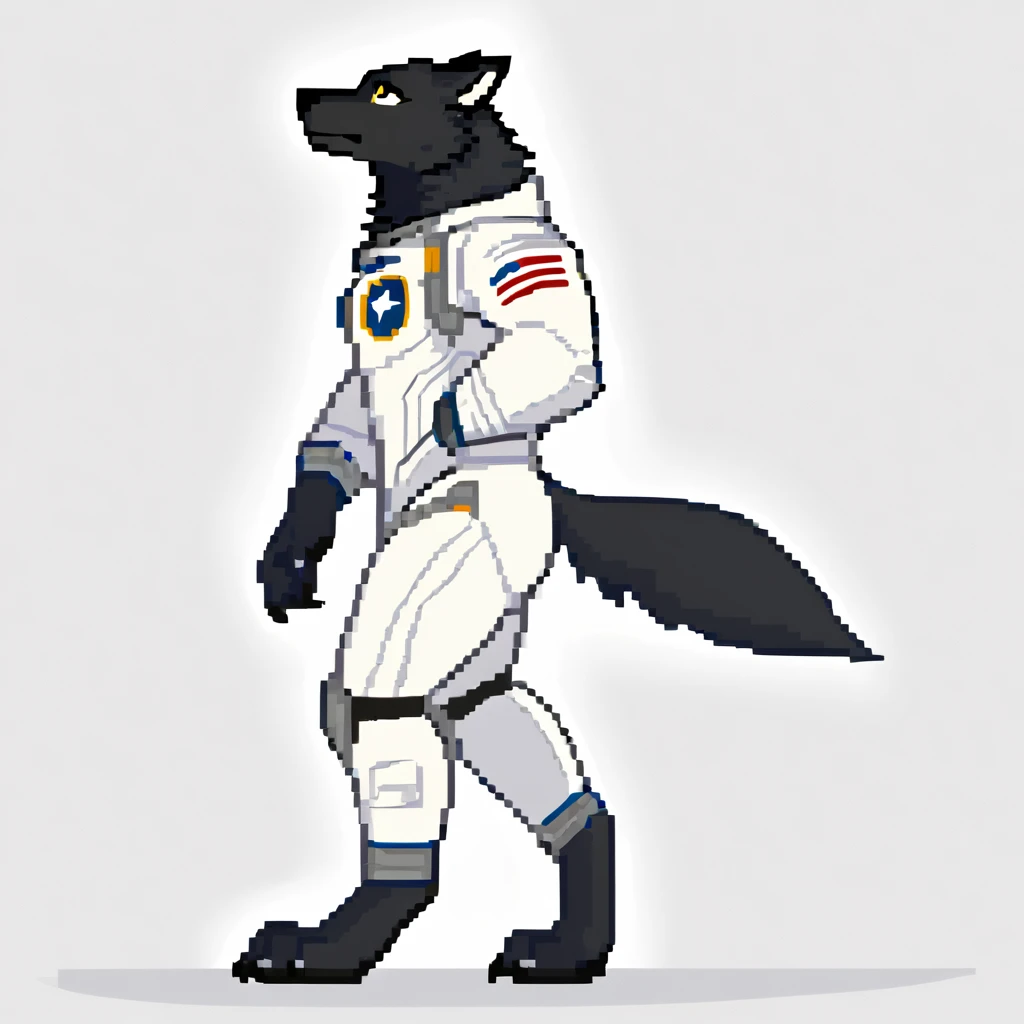 canid, canine, canis, mammal, mythological_canine, mythological_creature, were, werecanid, werecanine, werewolf, wolf, mythology, gold_eyes, anthro, biped, side_view, left_half_white_body, left_half_white_fur, right_half_black_body, right_half_black_fur, male, fingers, fluffy, fluffy_tail, fur, full_body, no_helmet, white_space_suit, walking_on_moon, looking_up, starry_space, full_body, solo, digital_media_(artwork), hi_res, masterpiece,