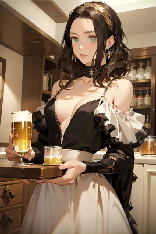 (from below:1.2), (perky chest:1.2), (pointed chest:1.2), 1girl, Bust A Cup, Amazing Cleavage:1.1, thin waist, big ass, Raised cute, small breast: 1.1 posed cleavage:1.2、solo, looking at viewer, have a cute glass of cute beer glass,black hair, dark green eyes, dress, bare shoulders, jewelry, collarbone, side locks, hairband, earrings, indoors, off shoulder, arms behind back, plants, short hair with long locks, gild hairband, off-shoulder dress, sweater dress, off-shoulder sweater, red sweater, dark gold hair, big side hair, very long side hair,is rendered in (masterpiece: 1.2, best quality), with (ultra high resolution) and an exquisite (depth of field). This masterpiece is not only visually stunning but also tells,A scene of cooking in the kitchen 