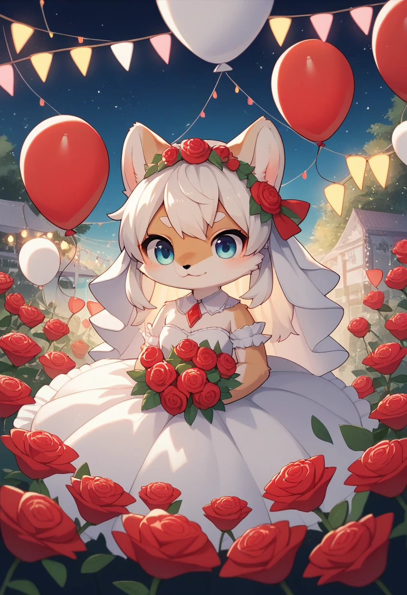 Two beautiful brides, kemono, furry, very detailed body fur, Cute white caravan with white and red roses, diamonds, lots of fairy lights, bunting, balloons, pretty, beautiful, vivid colors, Intricate, Highly detailed, Warm lighting, Sharp focus, beautiful starry sky, perfect composition, extreme camera angle,