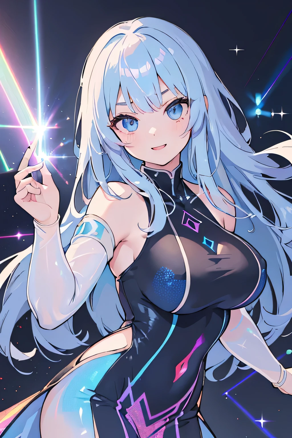 Highest quality、High resolution、Detailed Background、(Beautiful face in every detail:1.4)、Anatomically correct、(Detailed facial expressions)、(Detailed eyes:1.2)、Beautiful women in their 20s、(Highly detailed face:1.4)、(Huge breasts:1.2)、Cute hair colour、Braided long hair、Wavy Hairstyle、well-groomed eyebrows、Cute Eye Makeup、Cute Lip Makeup、Perfect body line、party、Excited、Uplifting、A big smile、smile、
(Beautiful woman dancing in a holographic laser dress under the lights:1.5)、Dance to the rhythm with relaxed steps to impress.、Eyes that everyone admires、Bodycon Dress、Color is black or red、Navy etc.、It&#39;s also a good idea to incorporate glamorous details such as lace and metallics.、Add subtle accents with necklaces, earrings, rings, etc.、Deep V-neck or backless、very beautiful