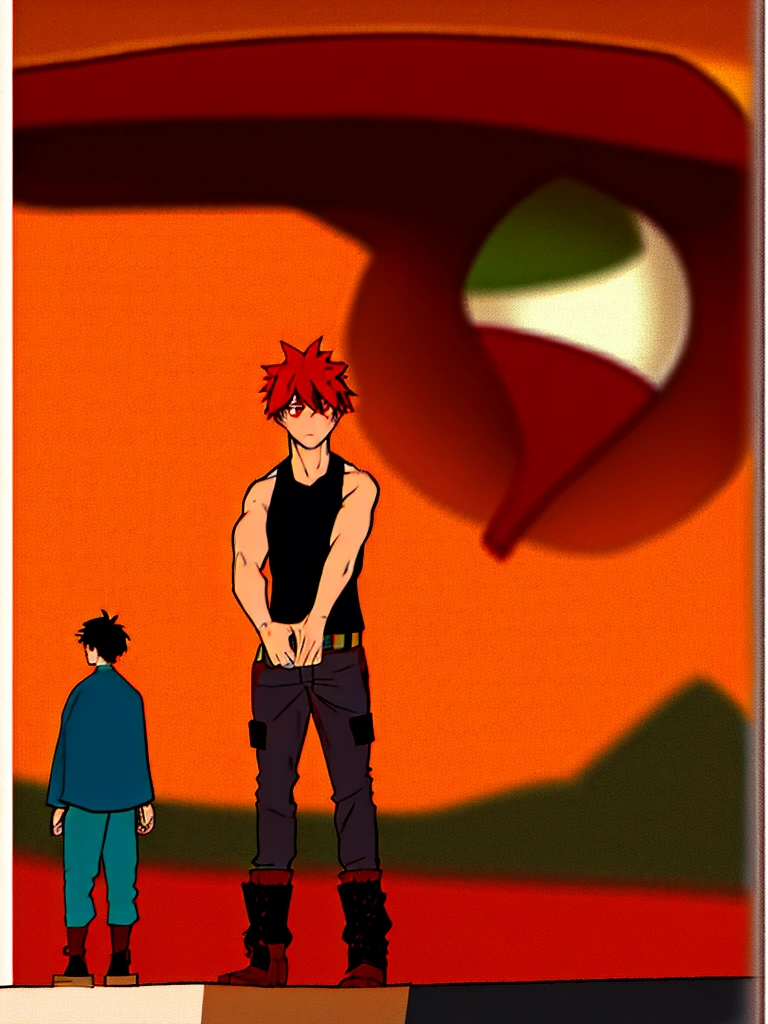 16 year old boy, Average height, athlete, black hair, one red eye and one brown eye, Caucasian skin, wear black cargo pants, combat boots, a normal black t-shirt