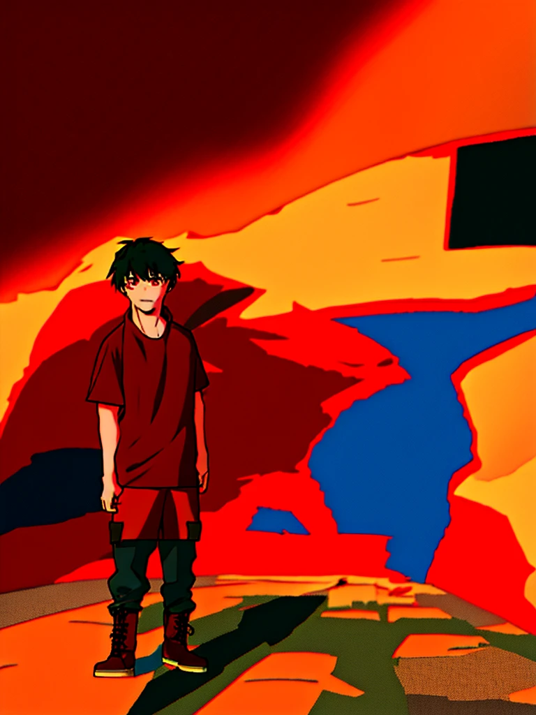 boy, Average height, athlete, black hair, one red eye and one brown eye, Caucasian skin, wear black cargo pants, combat boots, a normal black t-shirt