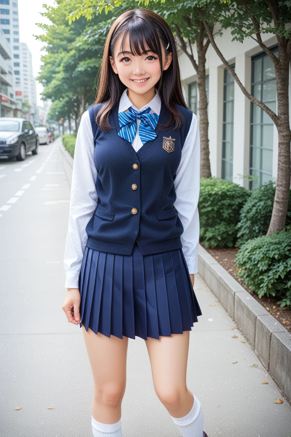 スコア_9, スコア_8_上, スコア_7_上,(8k, ultra high res) (best quality) (photo-realistic) (ultra detailed skin), light shadow, Natural lighting, looking_at_viewer,
1girl,(Japanese ,kogal),smile,miniskirt,sweater_vest,long_hair,outdoors,((long-white-slouchy-socks)and loafers, ), school_uniform, tree, streetgrey_skirt,building,pleated_skirt