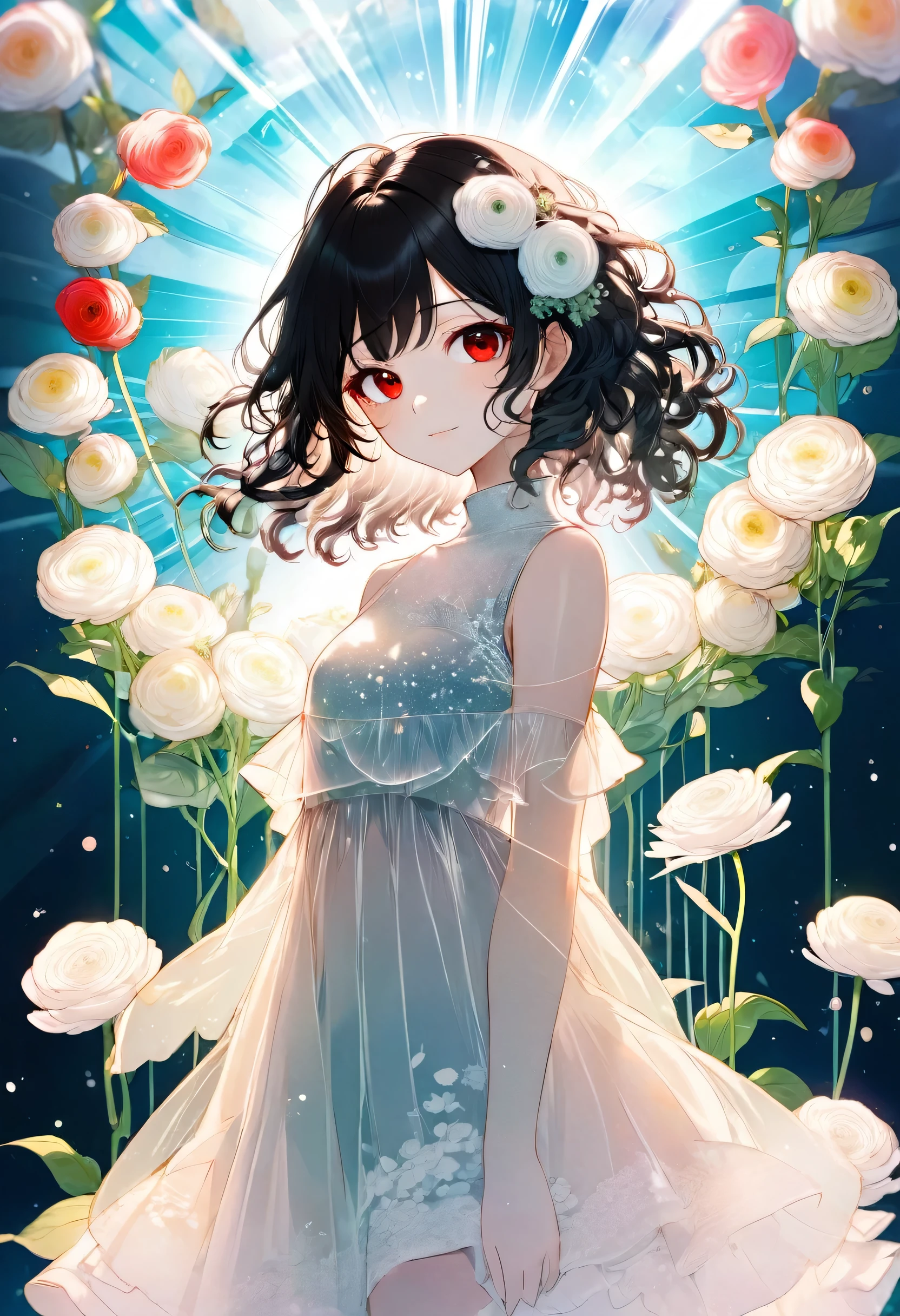 16k, (double exposure:1.05 silhouette: 1.1) (many white Ranunculus asiaticus) (background is exposure:1.1 ParticlesColorfulLight Rays), wearing layered one piece dress, frontale curly hair black hair long hair lovely red eyes girl.