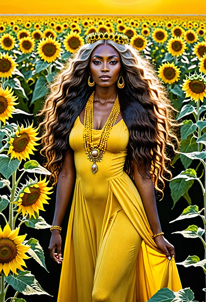 Saint Oshun surrounded by sunflowers in a field with very long and very beautiful hair and a crown of yellow gems and a long yellow dress