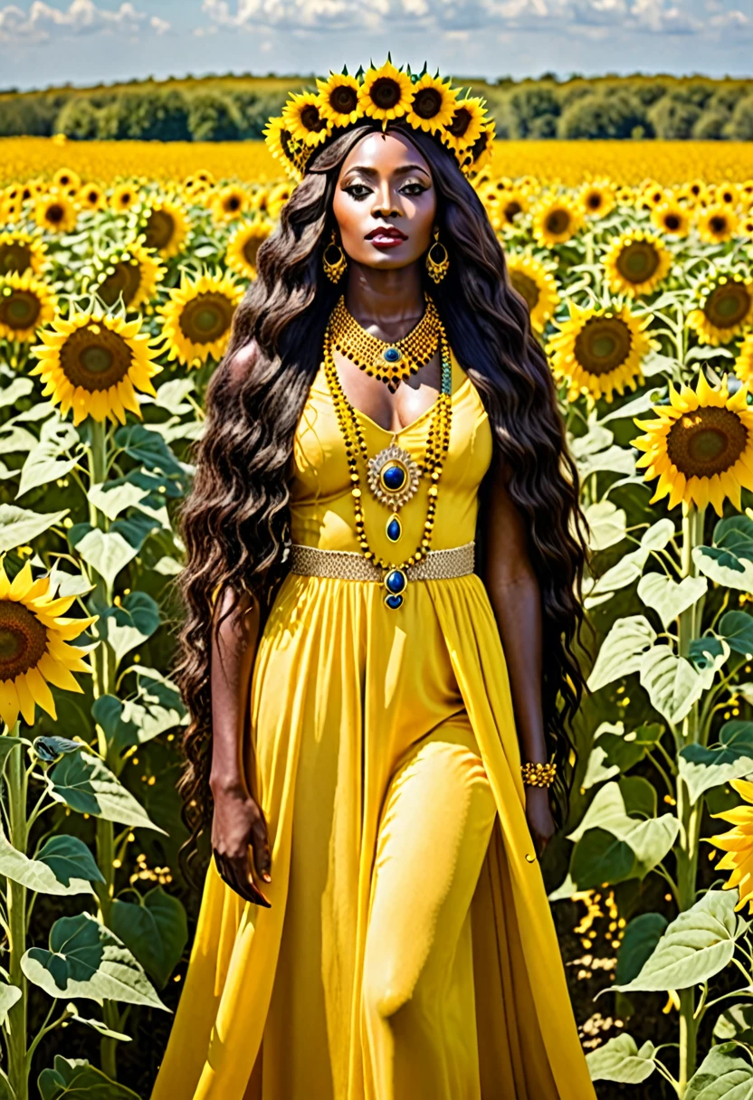 Saint Oshun surrounded by sunflowers in a field with very long and very beautiful hair and a crown of yellow gems and a long yellow dress