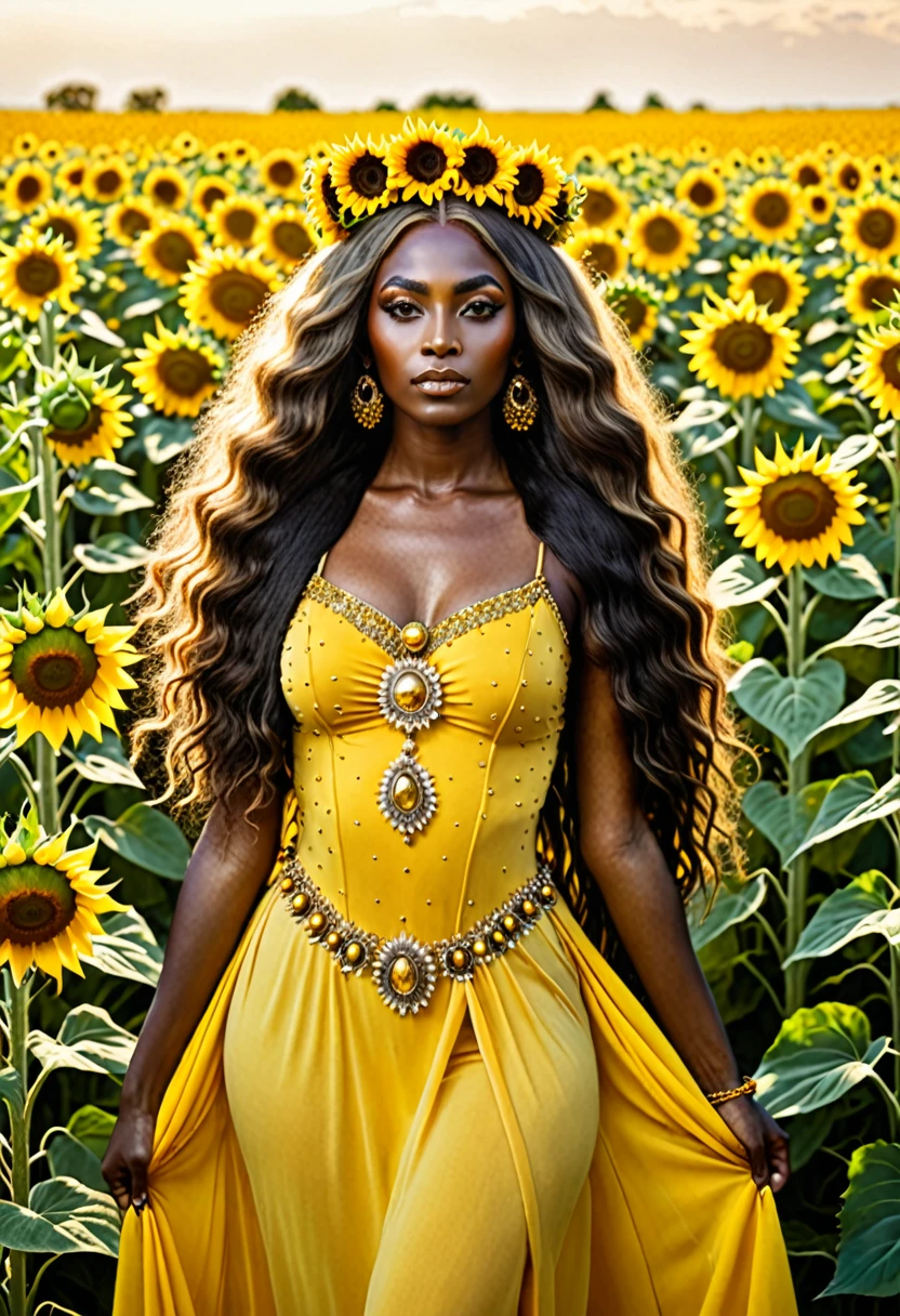 Saint Oshun surrounded by sunflowers in a field with very long and very beautiful hair and a crown of yellow gems and a long yellow dress  