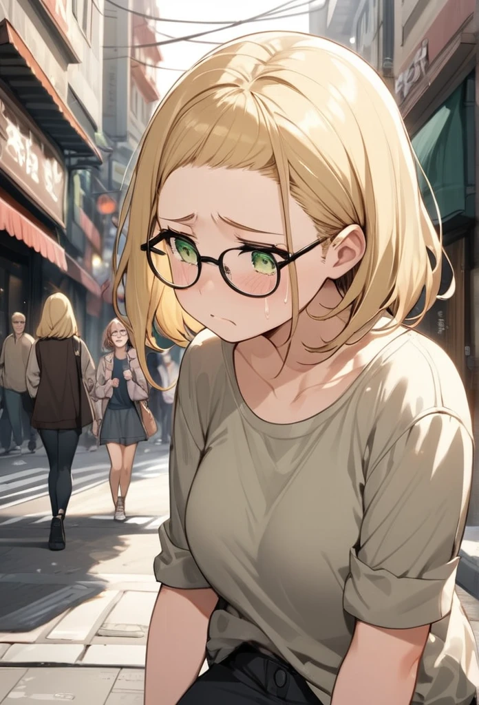 chubby girl, blonde, medium length hair, open forehead, no bangs, green eyes, black square-rimmed glasses, tears, sad, casual clothes, street, city street