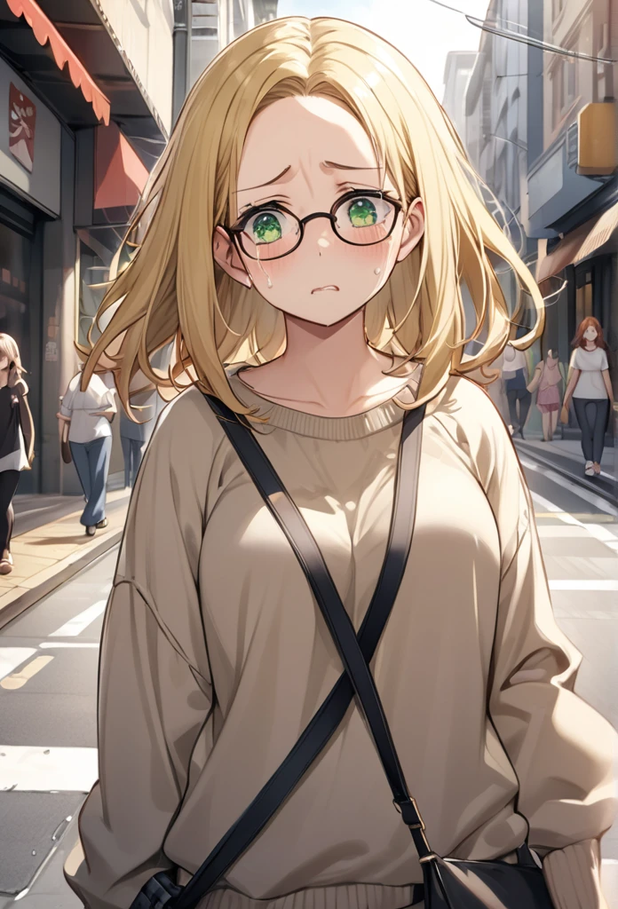 chubby girl, blonde, medium length hair, open forehead, no bangs, green eyes, black square-rimmed glasses, tears, sad, casual clothes, street, city street