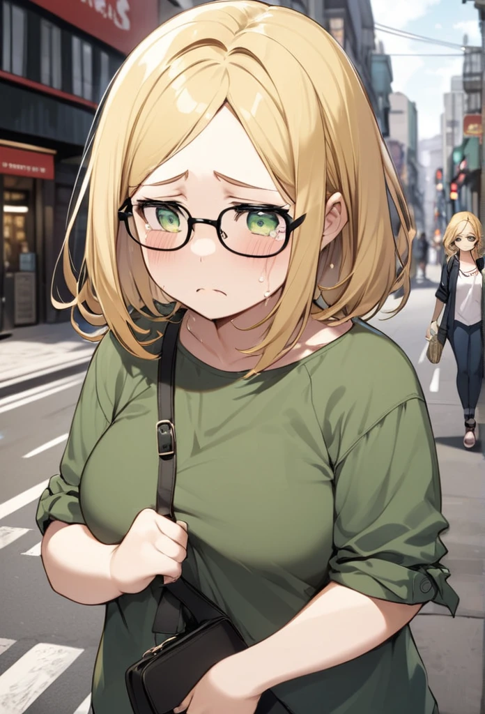 chubby girl, blonde, medium length hair, open forehead, no bangs, green eyes, black square-rimmed glasses, tears, sad, casual clothes, street, city street