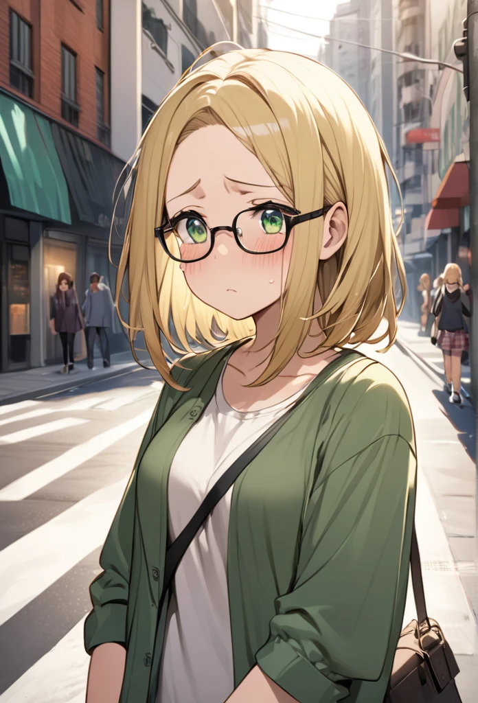 chubby girl, blonde, medium length hair, open forehead, no bangs, green eyes, black square-rimmed glasses, tears, sad, casual clothes, street, city street