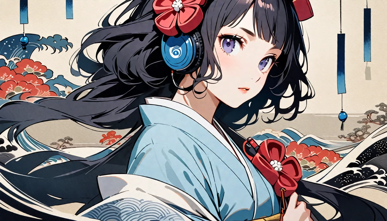 Highest quality, Katsushika Hokusai, Ink Painting, (((longhair))), (((light blue kimono))), Japanese style headphones, wind chimes, beautiful girl, Black Hair, Delicate and precise, Modern ukiyo-e style,