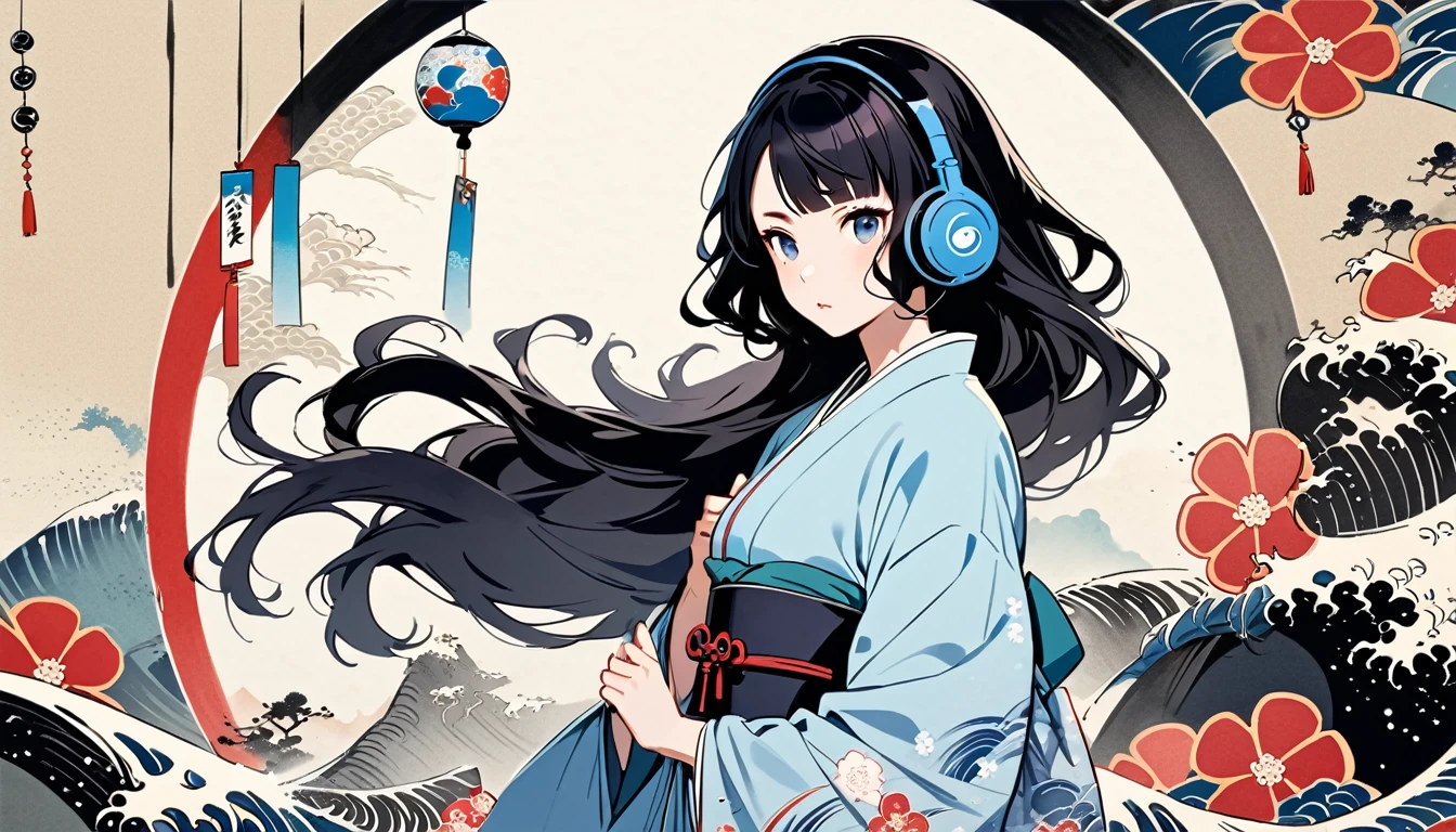 Highest quality, Katsushika Hokusai, Ink Painting, (((longhair))), (((light blue kimono))), Japanese style headphones, wind chimes, beautiful girl, Black Hair, Delicate and precise, Modern ukiyo-e style,