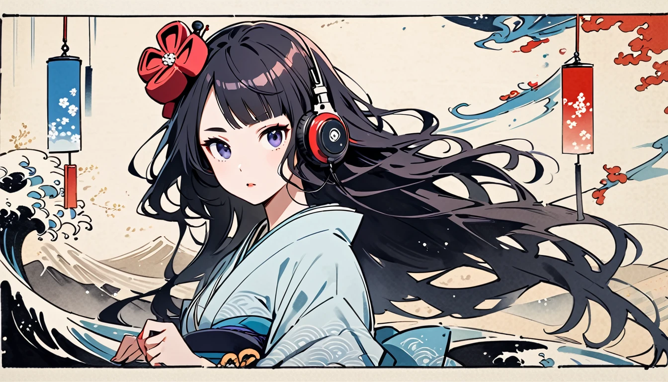 Highest quality, Katsushika Hokusai, Ink Painting, (((longhair))), (((light blue kimono))), Japanese style headphones, wind chimes, beautiful girl, Black Hair, Delicate and precise, Modern ukiyo-e style,